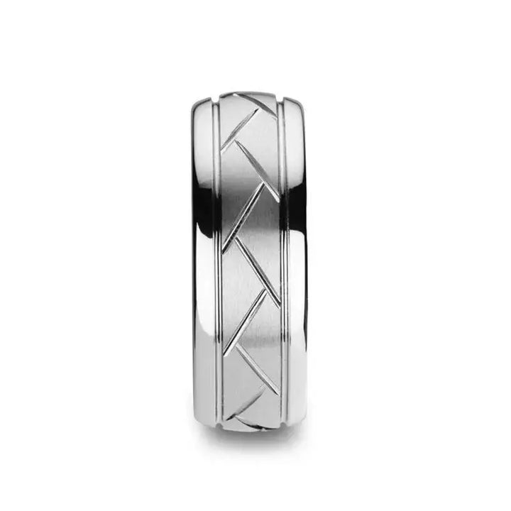 OCTAVIAN Domed Tungsten Carbide Ring with Crisscross Grooves and Brushed Finish - 8mm - Larson Jewelers