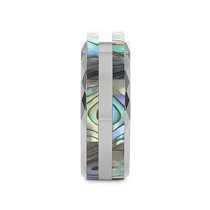 PAUA Double Abalone Shell Inlay Faceted Tungsten Ring With Beveled Polished Edges - 8mm - Larson Jewelers