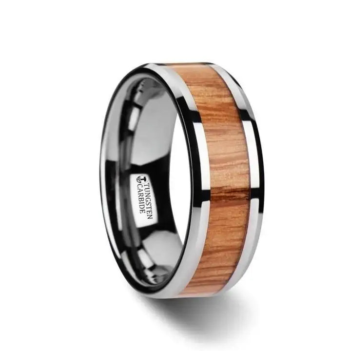 VERMILLION Red Oak Wood Inlaid Tungsten Carbide Ring with Bevels - 6mm - 10mm - Larson Jewelers