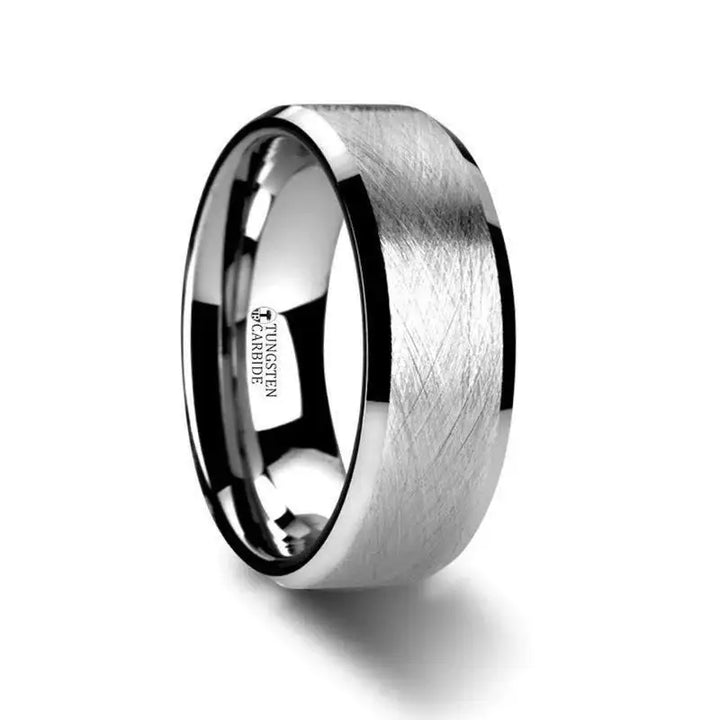 Angled view of a flat tungsten carbide ring with wire-brushed center and polished beveled edges