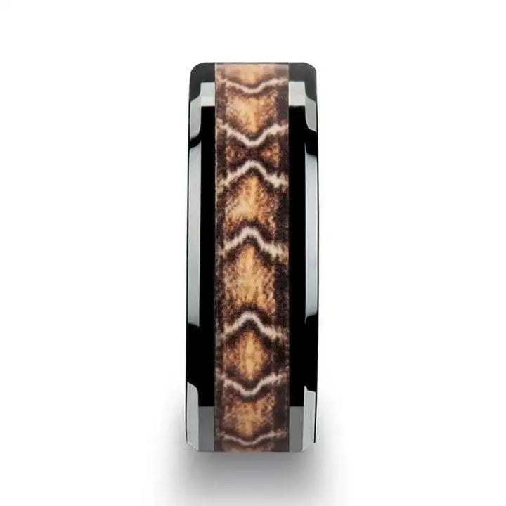 FANG Black Ceramic Wedding Ring with Boa Snake Skin Design Inlay - 8mm - Larson Jewelers