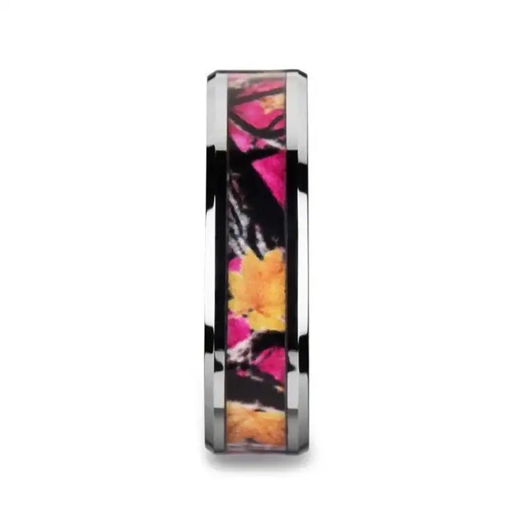 JULIET Realistic Tree Camo Tungsten Carbide Wedding Band with Real Pink Oak Leaves - 6mm - 8mm - Larson Jewelers