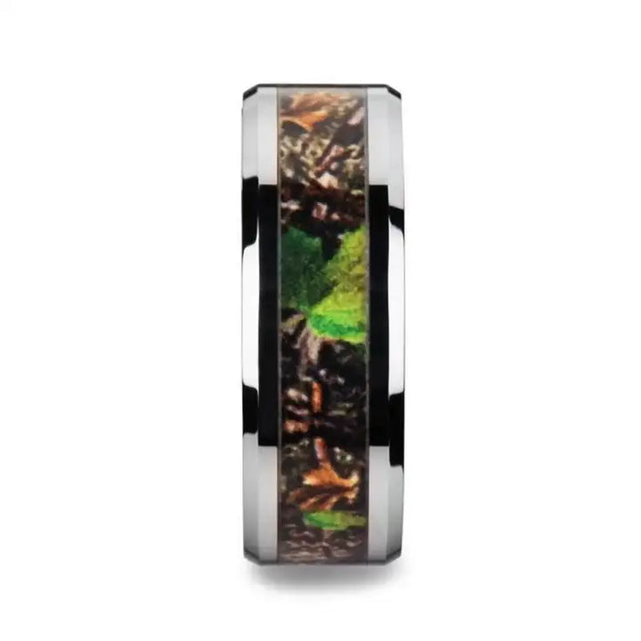 OVERGROWTH Realistic Tree Camo Tungsten Carbide Wedding Band with Green Leaves - 8mm - Larson Jewelers