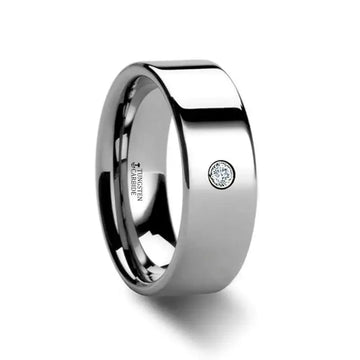 BRISTOL flat polished tungsten carbide ring with round diamond in white gold bezel, comfort-fit band, side view