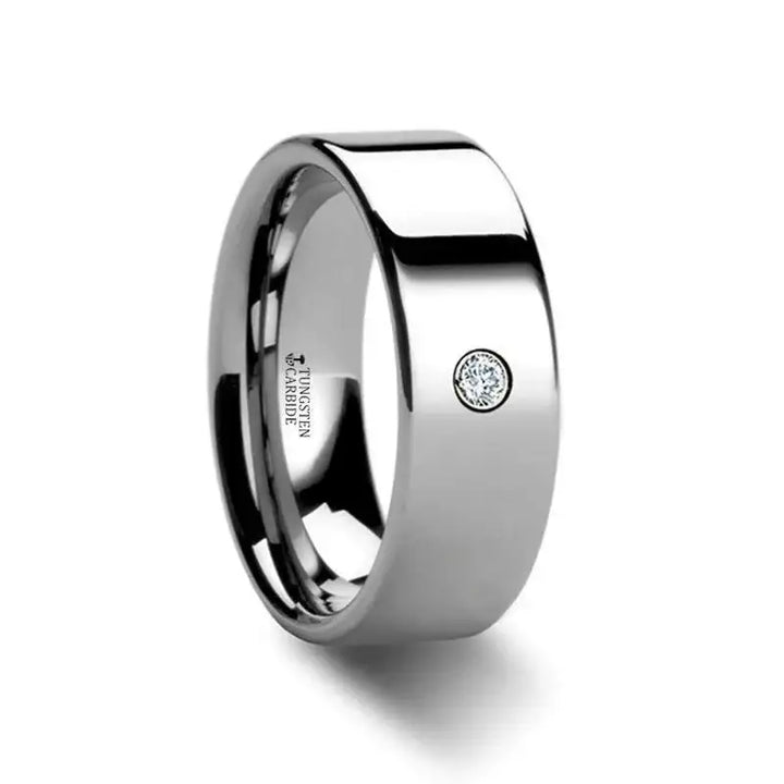 BRISTOL flat polished tungsten carbide ring with round diamond in white gold bezel, comfort-fit band, side view