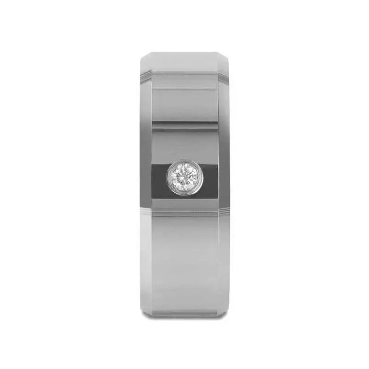 Front view of beveled tungsten carbide band showing centered bezel-set diamond