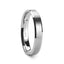 Side view of a silver tungsten carbide wedding band with brushed center and polished beveled edges, engraved THORSTEN inside.