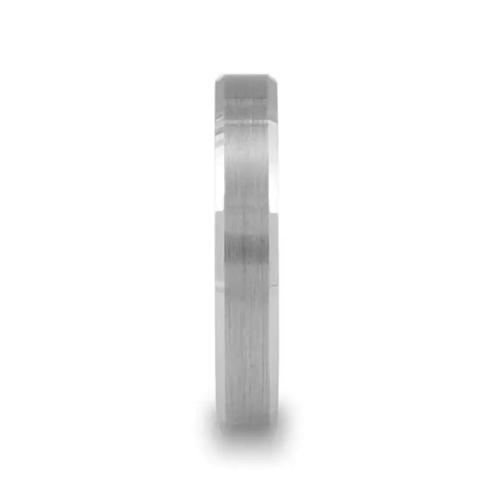 Front view of a slim brushed-center tungsten carbide ring with polished beveled edges.
