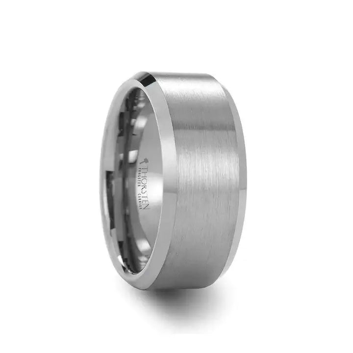 Wide tungsten carbide ring with brushed flat center and polished beveled edges, 10mm width, angled side view