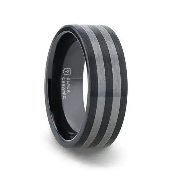 BETA Ceramic ring with Tungsten Inlay With Flat Brushed Edges - Larson Jewelers