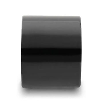 Front view of the AXWELL black flat pipe-cut tungsten carbide ring with polished finish, 20mm width