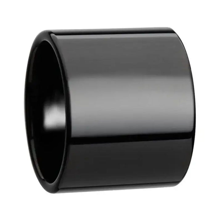 Side view of the AXWELL black flat pipe-cut tungsten carbide ring with polished finish, 20mm width