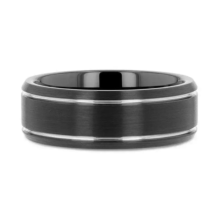 NOCTURNE Black Beveled Tungsten Carbide Band with Polished Grooves and Brushed Finish - 6mm or 8mm - Larson Jewelers