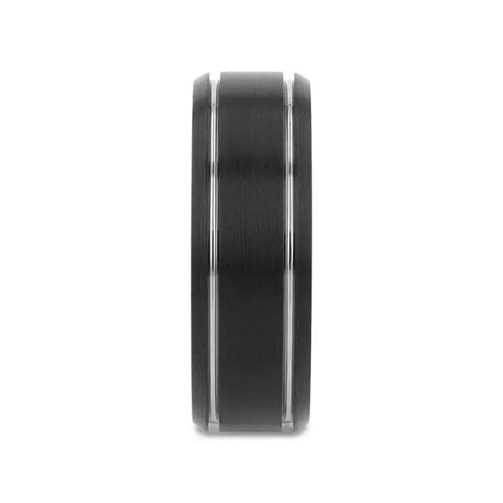 NOCTURNE Black Beveled Tungsten Carbide Band with Polished Grooves and Brushed Finish - 6mm or 8mm - Larson Jewelers