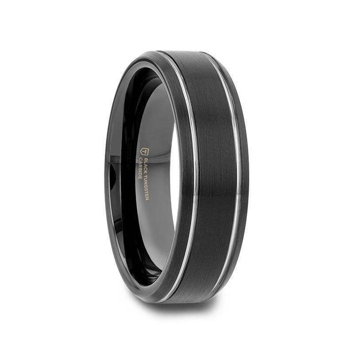 NOCTURNE Black Beveled Tungsten Carbide Band with Polished Grooves and Brushed Finish - 6mm or 8mm - Larson Jewelers