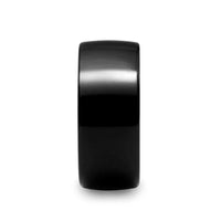 Front view of a wide black domed tungsten wedding band with high-polish shine