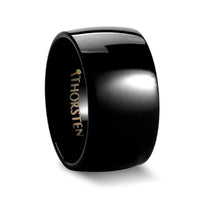 TWILIGHT Domed Black Tungsten Ring - 12mm, angled side view showing polished black finish and Thorsten interior logo