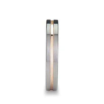 Lifestyle shot of a hand wearing a flat brushed tungsten carbide ring with a rose gold-colored center channel