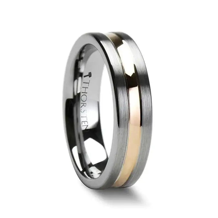 Front profile view showing the slim rose gold-colored center channel on a flat brushed tungsten ring