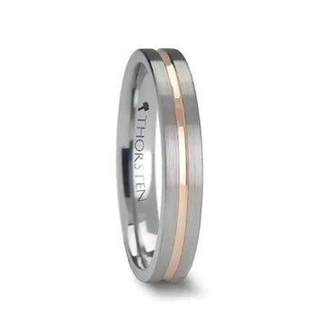 Side view of a flat brushed tungsten carbide ring featuring a rose gold-colored center channel and polished edges, engraved THORSTEN inside