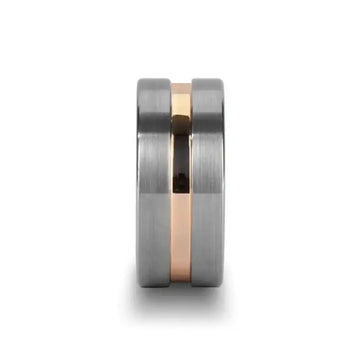Side profile of a brushed tungsten ring featuring a polished rose gold-tone central channel