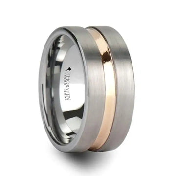 Extra-wide brushed gray tungsten ring with polished rose gold-tone center channel, angled view showing Thorsten logo inside