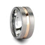 Extra-wide brushed gray tungsten ring with polished rose gold-tone center channel, angled view showing Thorsten logo inside