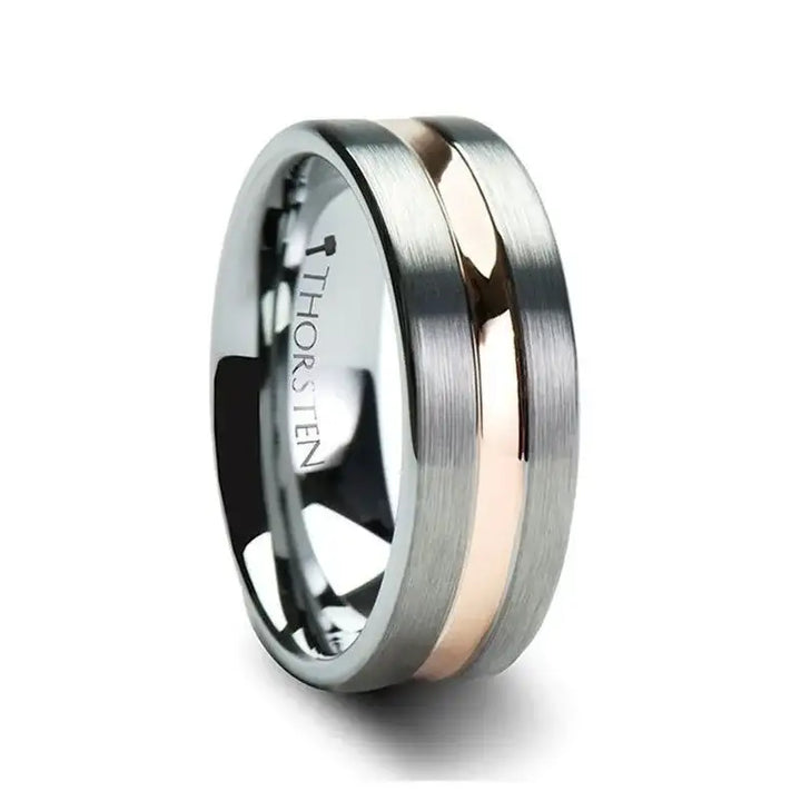 Angled view of a flat brushed tungsten carbide ring with a polished rose gold-colored center channel and glossy inner band