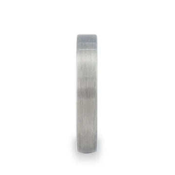 Narrow profile view of flat brushed tungsten carbide wedding band