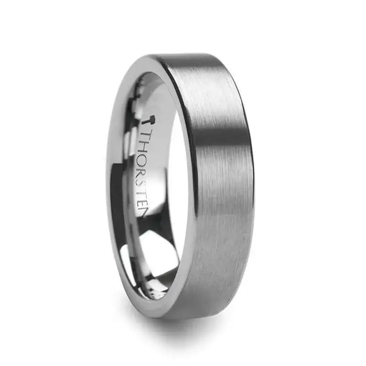 Flat brushed tungsten carbide band with polished edges, angled front view