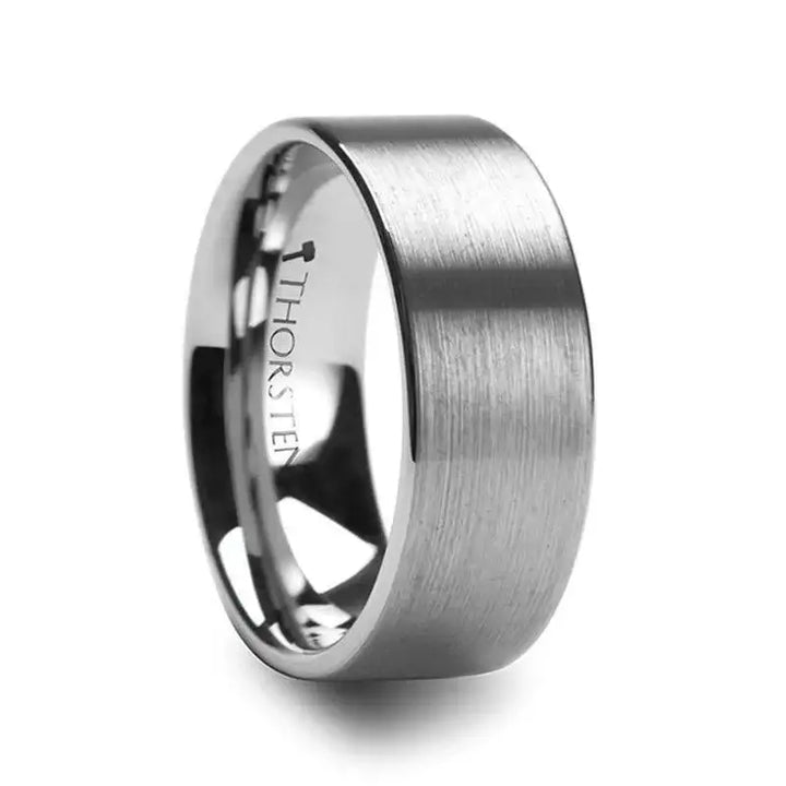 Close-up of the MERCURY flat brushed finish tungsten carbide wedding ring showing its 10mm wide flat profile and comfort-fit polished interior with Thorsten branding.