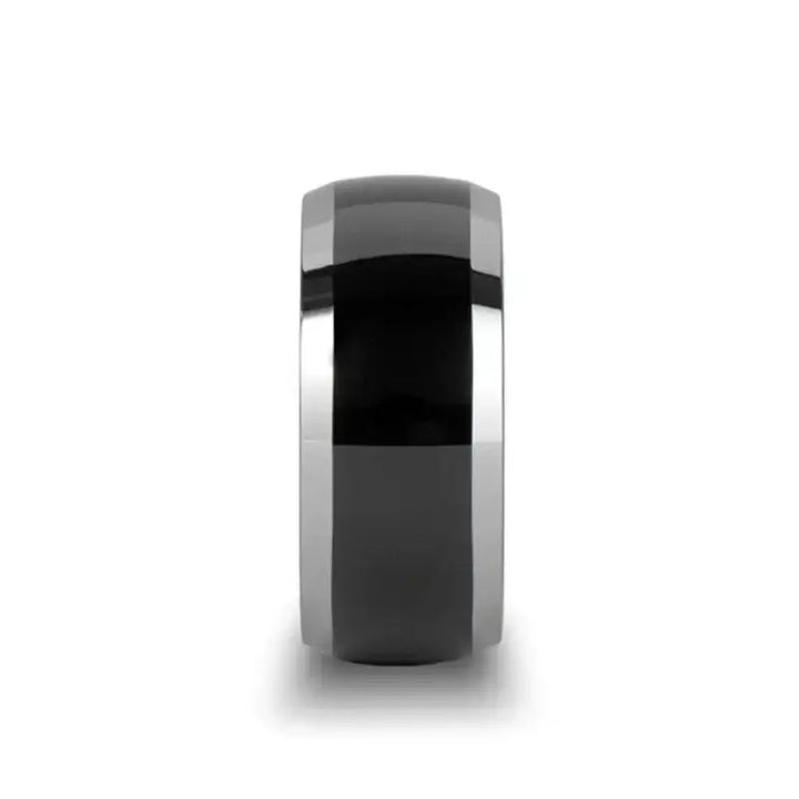 Front view of the MEMPHIS domed black tungsten carbide ring showing glossy black center and polished edges, 10mm