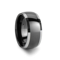 Angled view of the MEMPHIS domed black tungsten carbide wedding band with polished silver-tone beveled edges, 10mm width