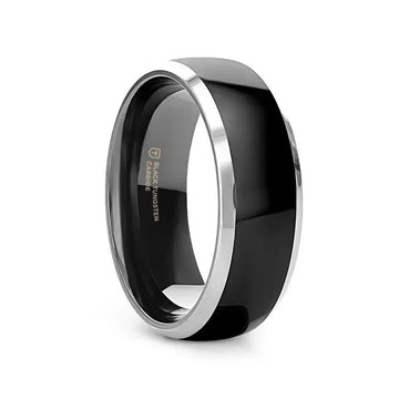 Side-angled view of the MEMPHIS black tungsten carbide band with shiny beveled edges and comfort-fit interior, 10mm