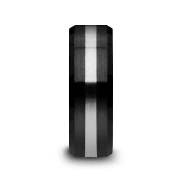 PHOENIX Brushed Black Ceramic Ring with Beveled Edges and Tungsten Inlay - 6mm or 8mm - Larson Jewelers