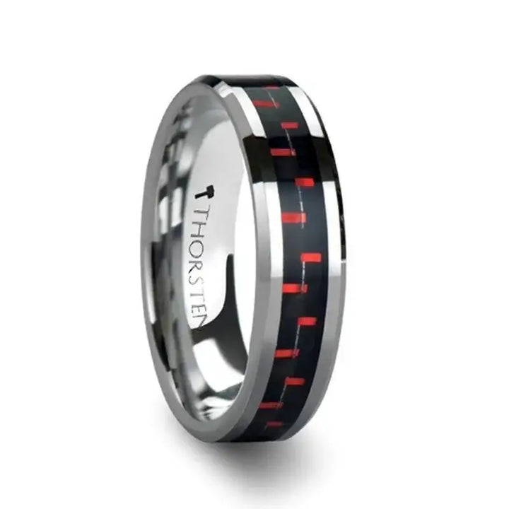 AURELIUS Tungsten Band Inlaid with a Black & Red Carbon Fiber Ring - 6mm & 8mm - Larson Jewelers