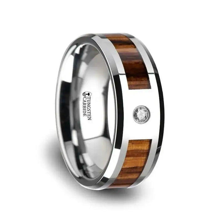 SABER Tungsten Carbide Diamond Ring with Beveled Edges and Real Zebra Wood Inlay - 8mm - Larson Jewelers