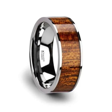 BOLO Flat Tungsten Carbide Band with Exotic Mahogany Hard Wood Inlay and Polished Edges - 8mm - Larson Jewelers