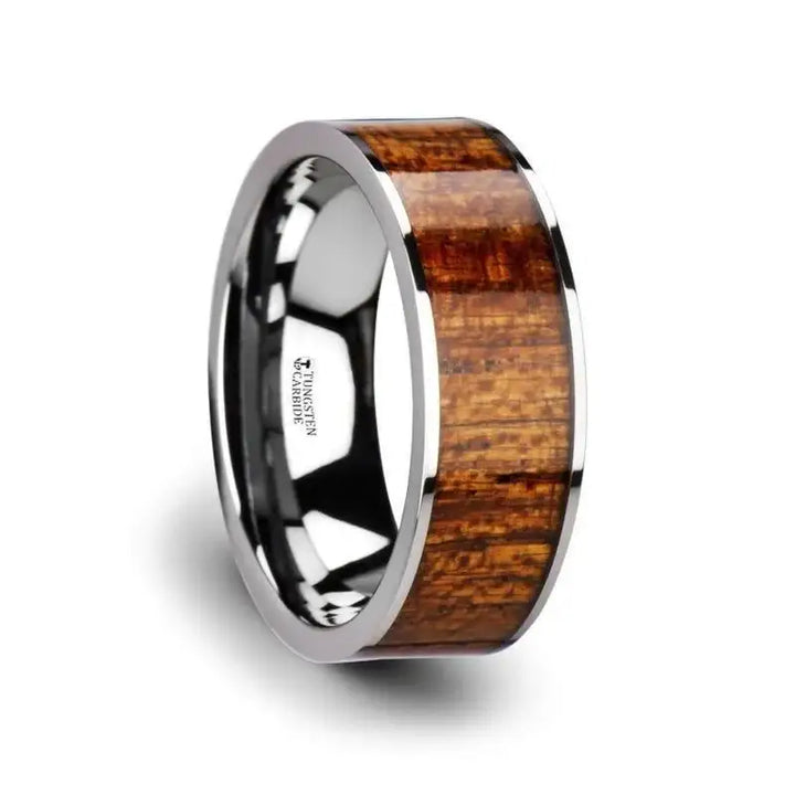 BOLO Flat Tungsten Carbide Band with Exotic Mahogany Hard Wood Inlay and Polished Edges - 8mm - Larson Jewelers