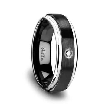 MONARCH Black Ceramic Wedding Band with Diamond, Polished Beveled Step Edges, & Raised Brush Center - 6mm & 8mm - Larson Jewelers