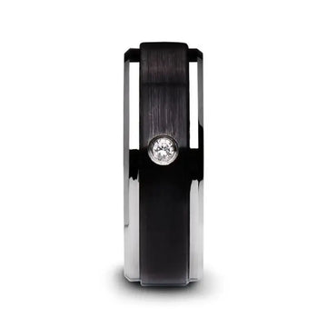 MONARCH Black Ceramic Wedding Band with Diamond, Polished Beveled Step Edges, & Raised Brush Center - 6mm & 8mm - Larson Jewelers