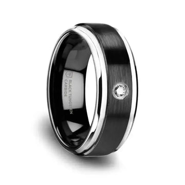 MONARCH Black Ceramic Wedding Band with Diamond, Polished Beveled Step Edges, & Raised Brush Center - 6mm & 8mm - Larson Jewelers