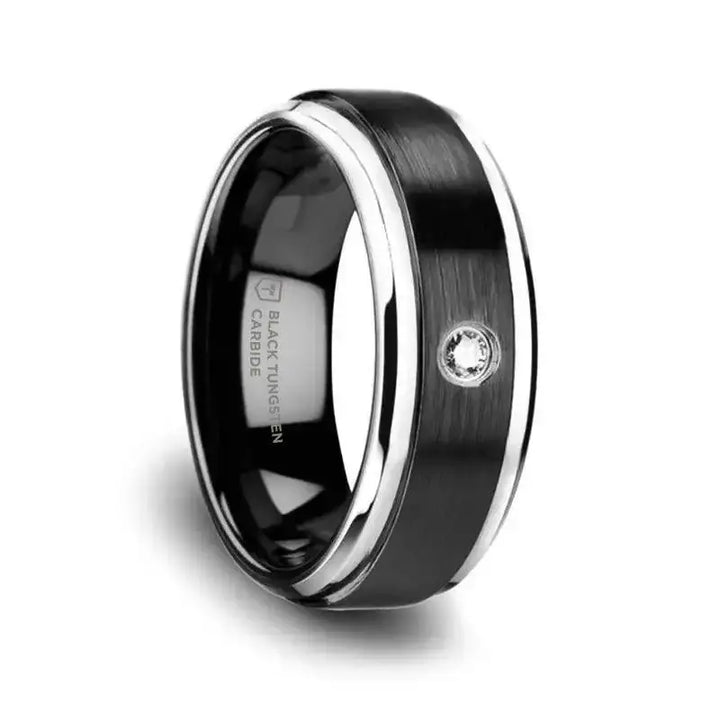MONARCH Black Ceramic Wedding Band with Diamond, Polished Beveled Step Edges, & Raised Brush Center - 6mm & 8mm - Larson Jewelers