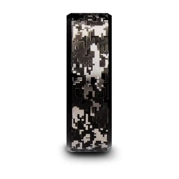 Front profile view of black tungsten carbide ring showing engraved digital camouflage pattern, 8mm width