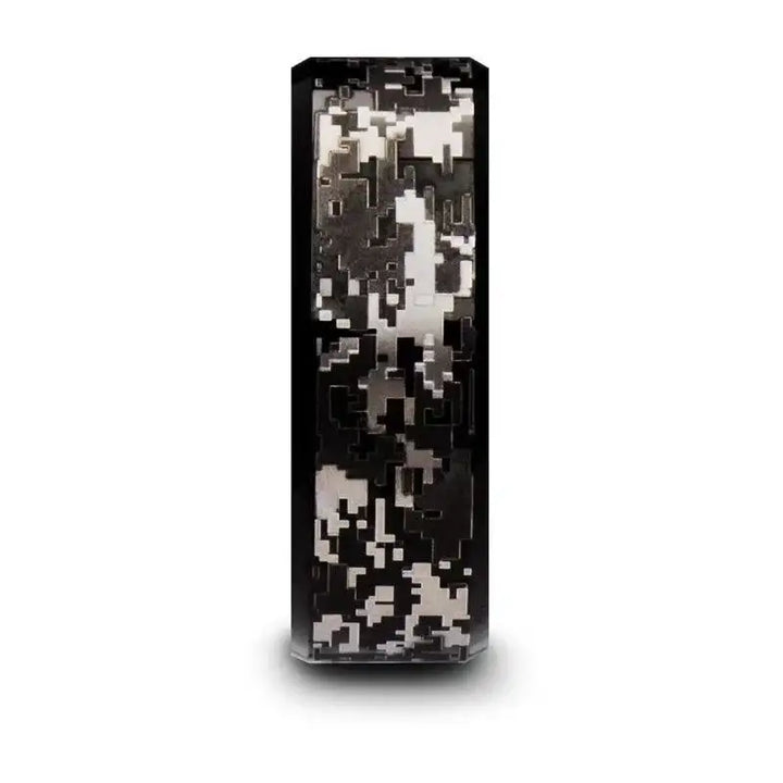 Front profile view of black tungsten carbide ring showing engraved digital camouflage pattern, 8mm width