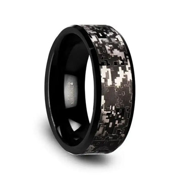 Angled view of black tungsten carbide wedding band with engraved digital camouflage pattern, 8mm width