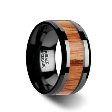 OBLIVION Red Oak Wood Inlaid Black Ceramic Ring with Bevels - 6mm - 10mm - Larson Jewelers