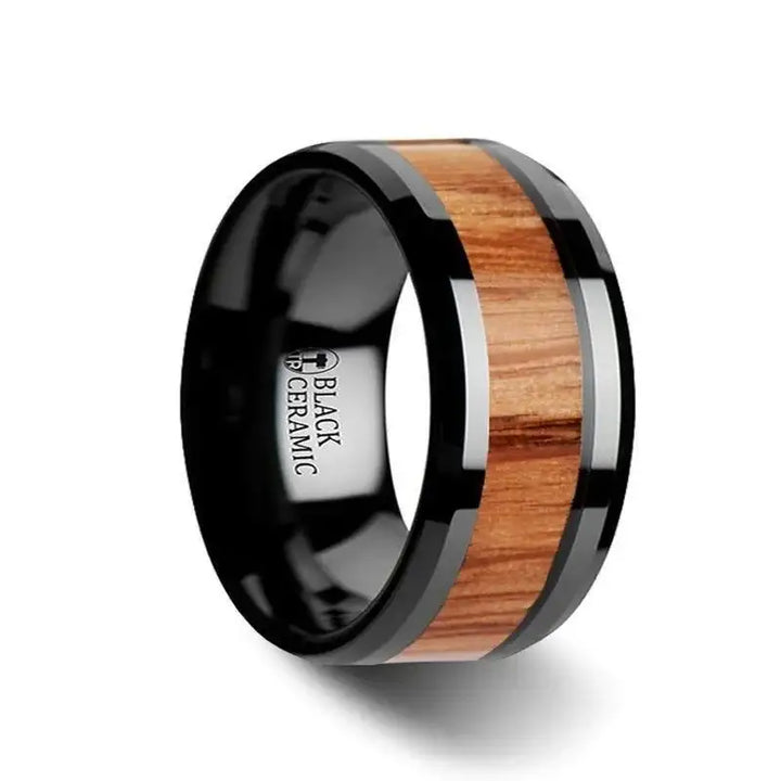 OBLIVION Red Oak Wood Inlaid Black Ceramic Ring with Bevels - 6mm - 10mm - Larson Jewelers