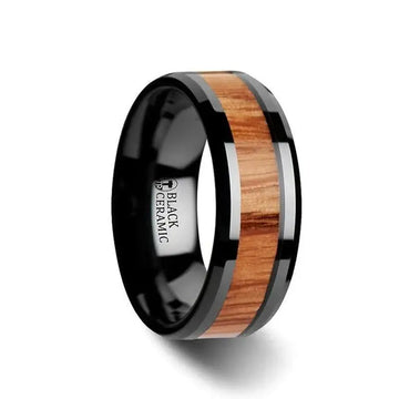 OBLIVION Red Oak Wood Inlaid Black Ceramic Ring with Bevels - 10mm - Larson Jewelers