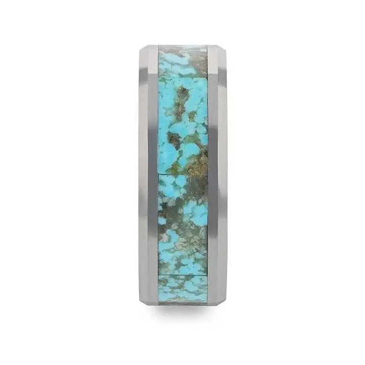 TURCHESE Light Turquoise Spider Web Inlay Tungsten Men's Wedding Band With Beveled Edges - 8mm - Larson Jewelers